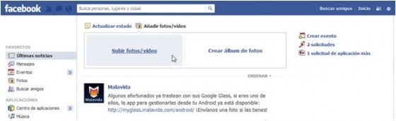 Opción para subir fotos o vídeos en Facebook