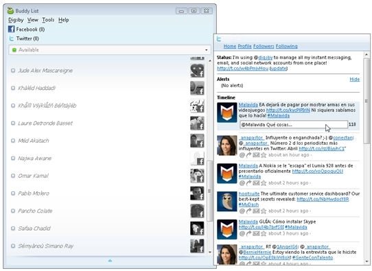Panel de chat de DigsBy con el timeline de Twitter visible