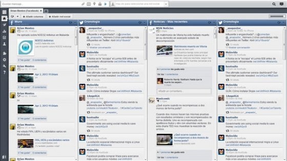 Vista de la interfaz de Hoosuite con Twitter y Facebook