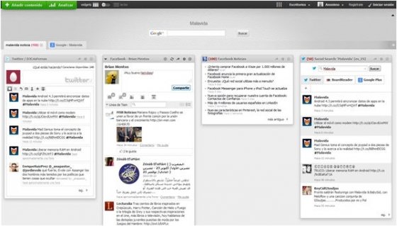 Ventana de netvibes con Facebook y Twitter configurados