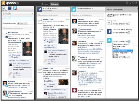 Ventana de Yoono con Facebook y Twitter