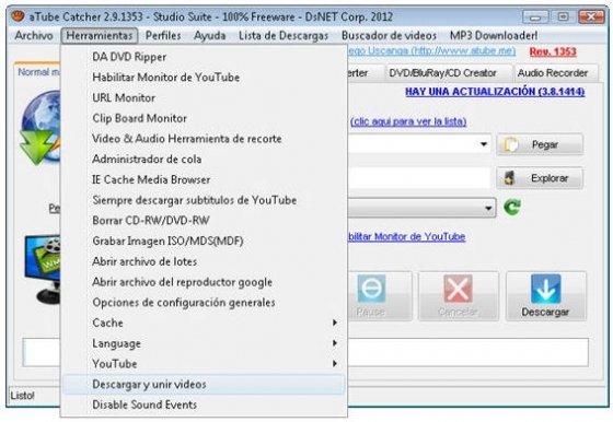 Localización de la función para descargar y unir vídeos