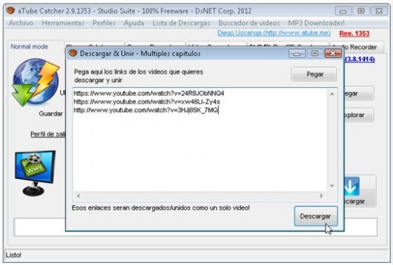 ventana para apegar los enlaces de los vídeos a descargar y unir