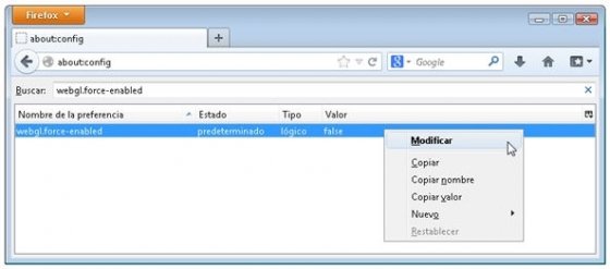 Cambiar el valor False a True de WebGL force enabled