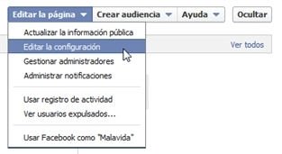 Opción para editar la configuración de una página de Facebook