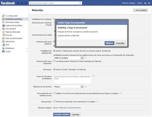 Opción para la página de Facebook