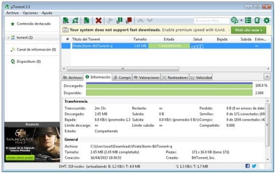 Interfaz de uTorrent con publicidad
