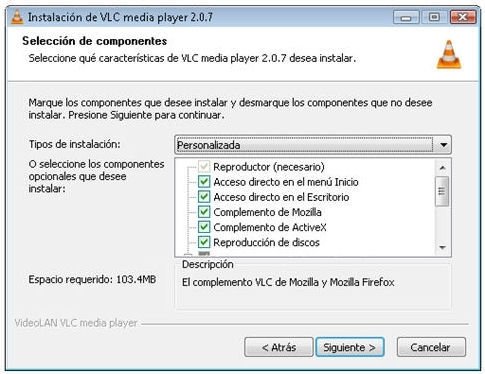 Opción para instalar la extensiones para navegadores en VLC