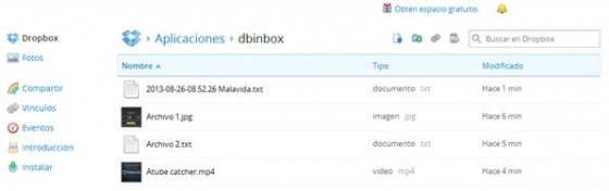 Contenido de la carpeta de Dbinbox instalada en la cuenta Dropbox
