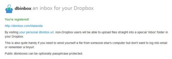 Mensaje de confirmación de la correcta instalación de Dbinbox