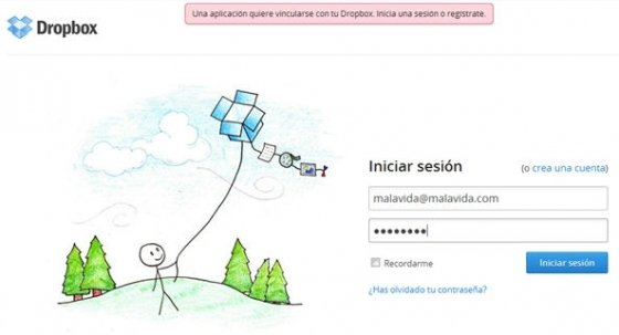Login en Dropbox para vincular la Dbinbox