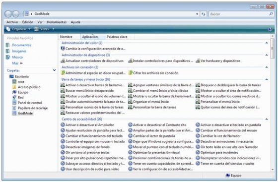 Panel de opciones del Modo Dios