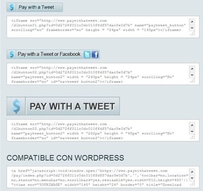 Botones y códigos generados por Pay with a Tweet para tu contenido