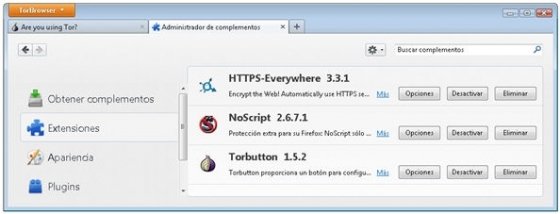 Extensiones disponibles en el navegador Tor
