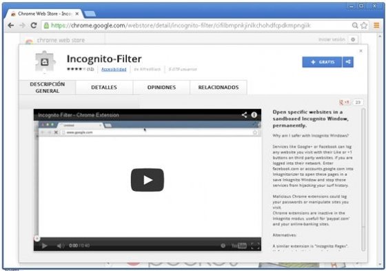 Extensión Incognito-Filter en la Chrome Web Store