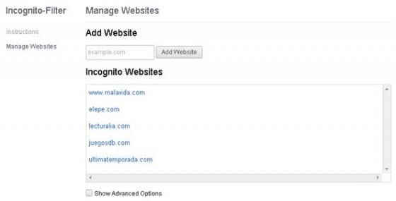 Listado personalizado de páginas web que usan Incognite-Filter