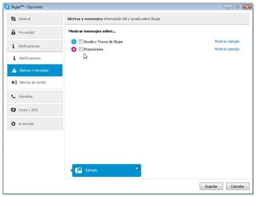 Menú de notificaciones de Skype