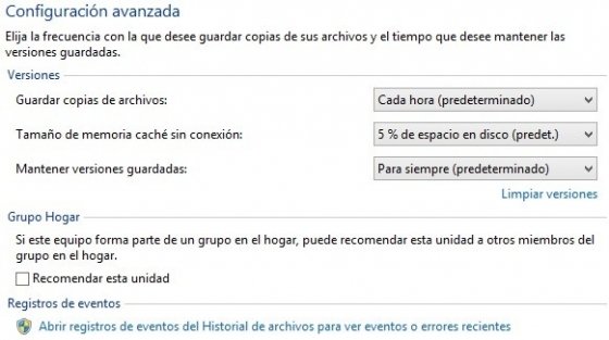 Configuración Historial de archivos