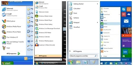 El menú Inicio de Windows XP, Windows Vista, Windows 7 y Windows 8.1
