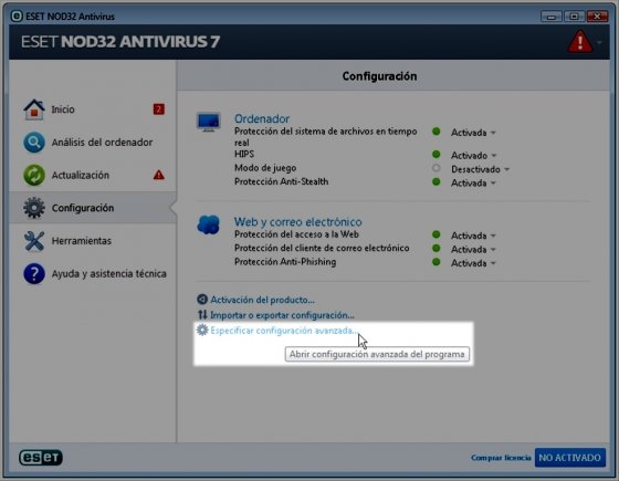 Especificación de la configuración avanzada de NOD32