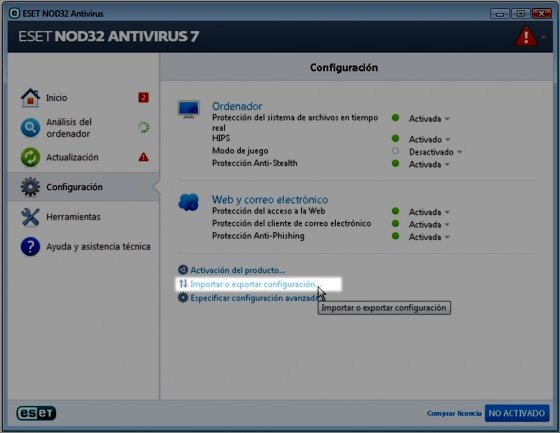 Importar/exportar la configuración de NOD32