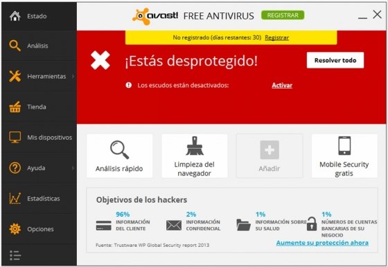 Pantalla de Estado de Avast! desactivado