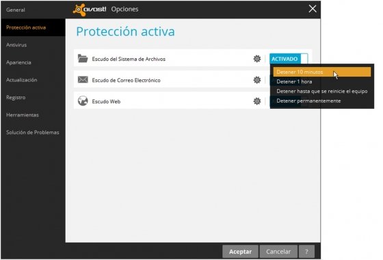 Desactivación de algunos escudos de Avast!