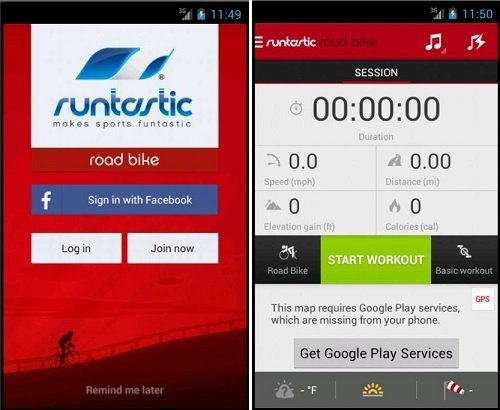 Interfaz de Runtastic Road Bike