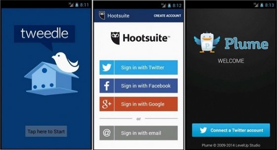 Pantalla de inicio de Tweedle, Hootsuite y Plume