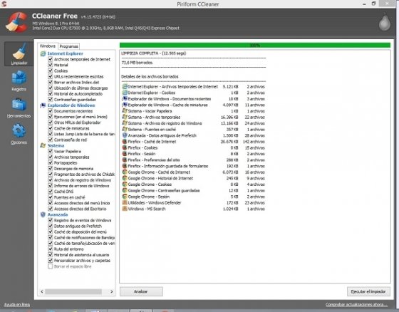 Interfaz de CCleaner