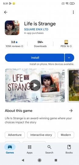 Ficha del juego Life is Strange para móviles en Google Play Store