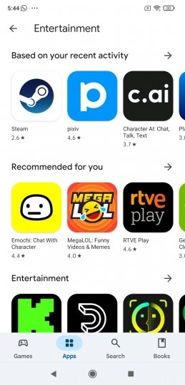 Sección de apps de entretenimiento en Google Play Store