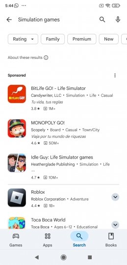 Lista de juegos de simulación en la app Google Play Store