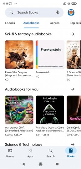 Apartado de audiolibros de la app Google Play Store