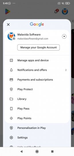 Menú de ajustes y preferencias de la app Google Play Store