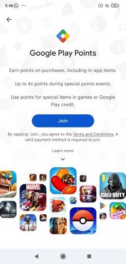 Sección de Google Play Points en la app Google Play Store