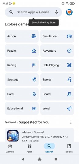 Menú de búsqueda de juegos de la app Google Play Store