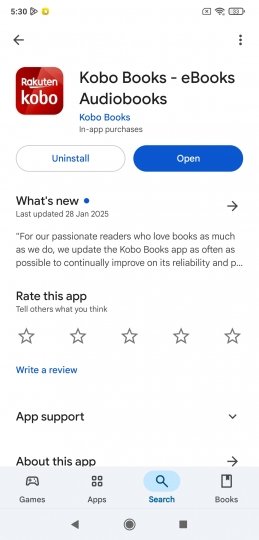 La ficha de la app Kobo Books en Google Play Store