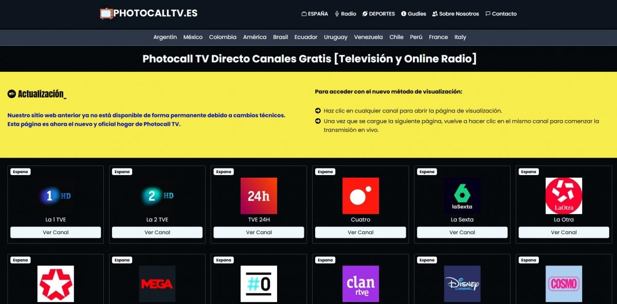 Menú de canales nacionales de España de la app Photocall TV