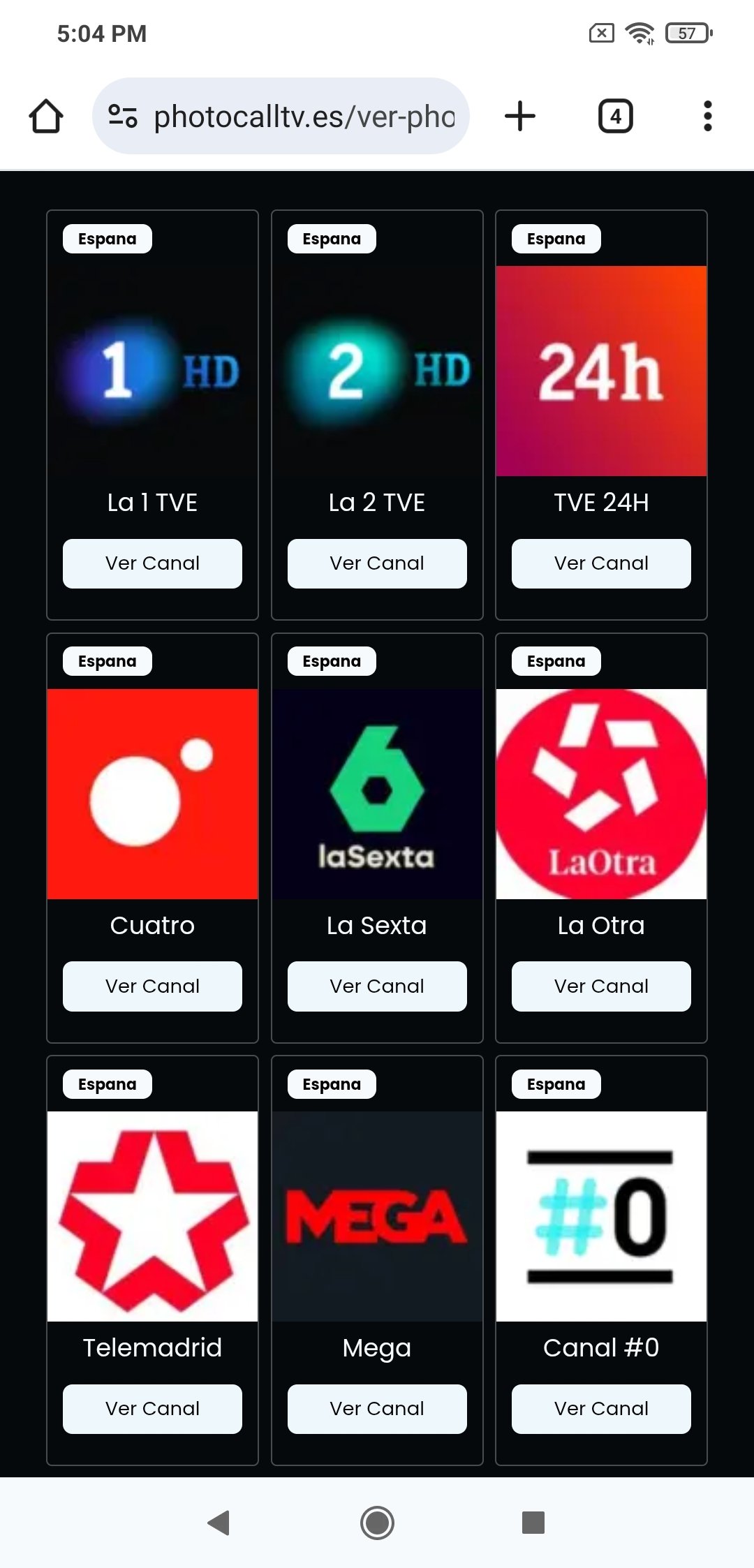 Página principal de contenidos de la app Photocall TV