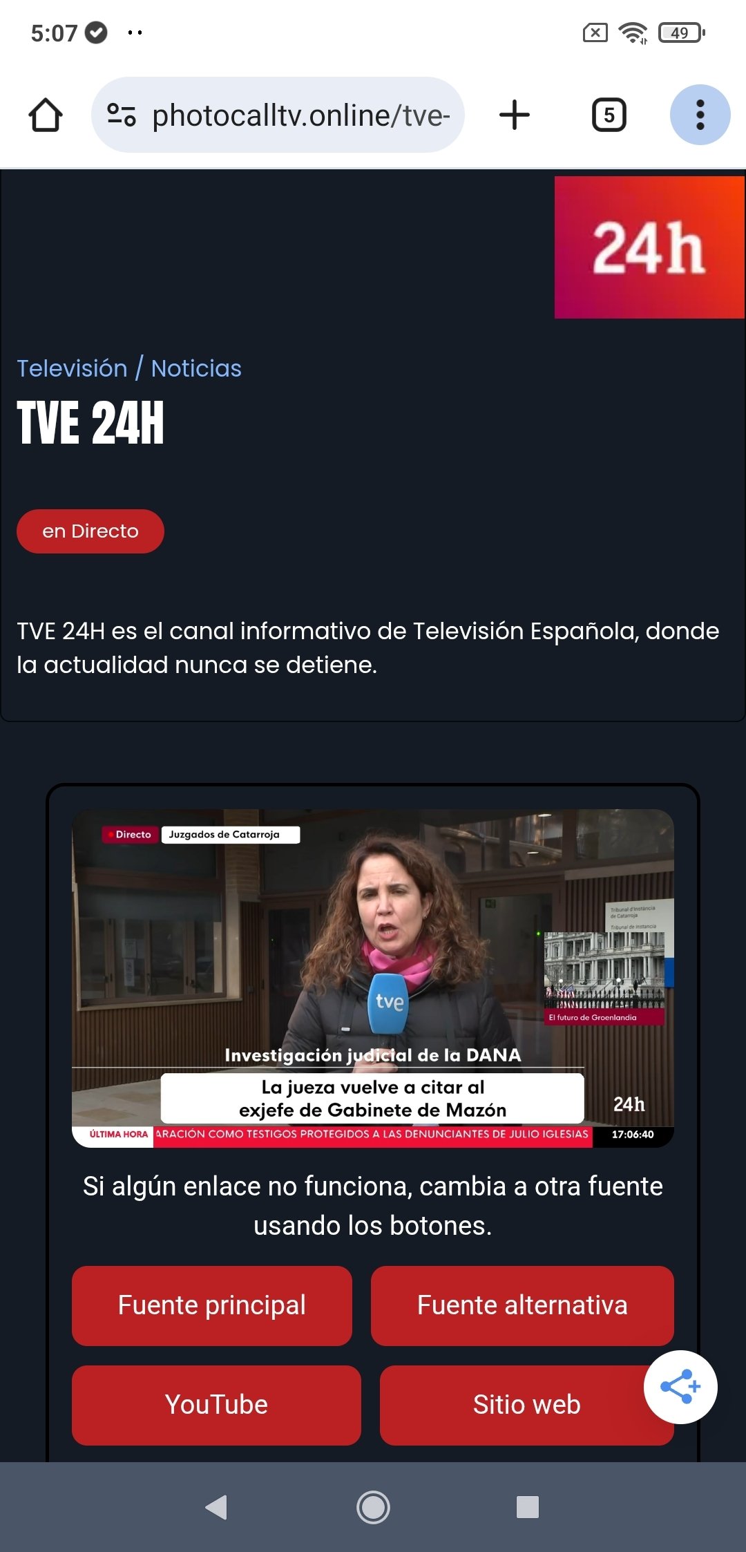 Emisión en directo del canal 24h en la webapp Photocall TV