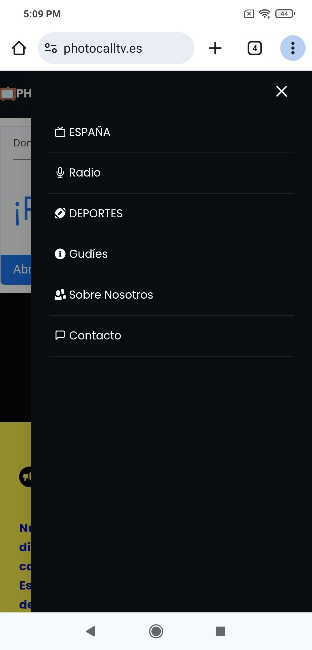 Menú de opciones disponibles en la webapp Photocall TV