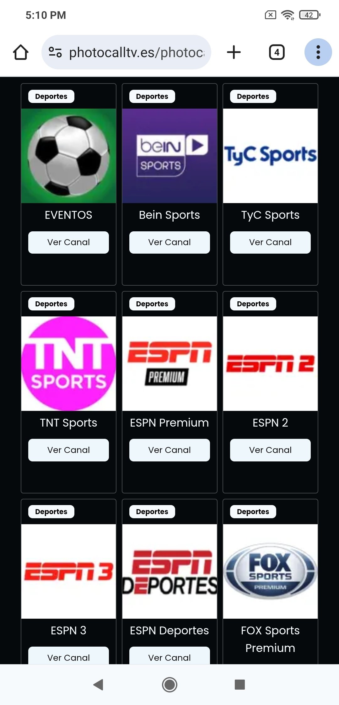 Sección de canales de deportes de Photocall TV