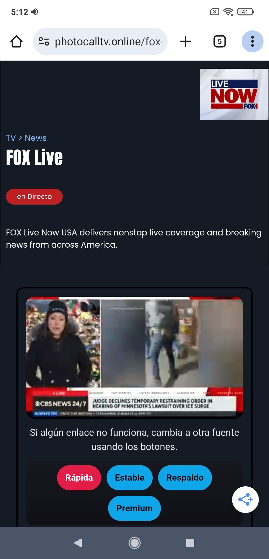 Retransmisión del canal Fox en directo en la webapp Photocall TV