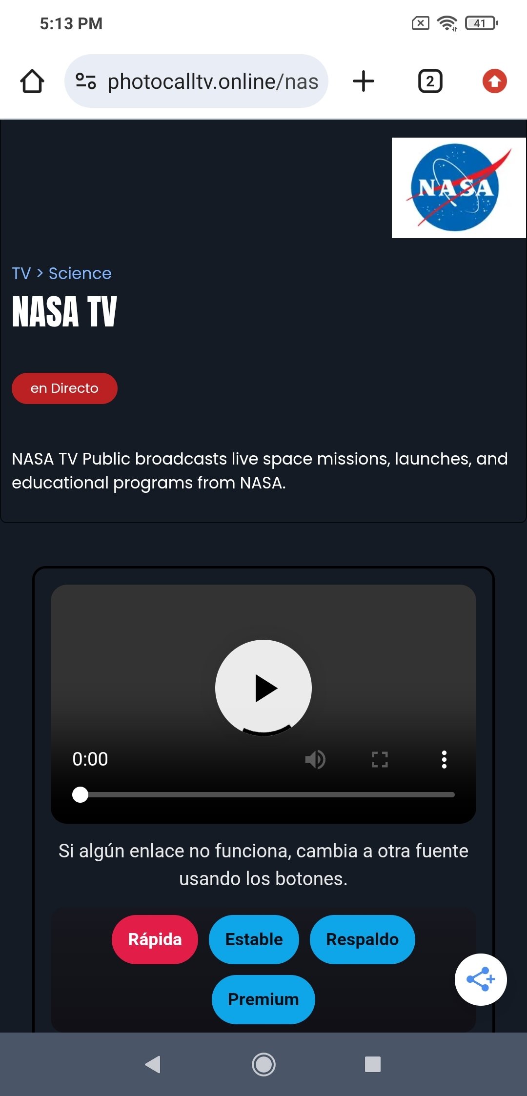 10. Página para ver el canal de la NASA en la webapp Photocall TV
