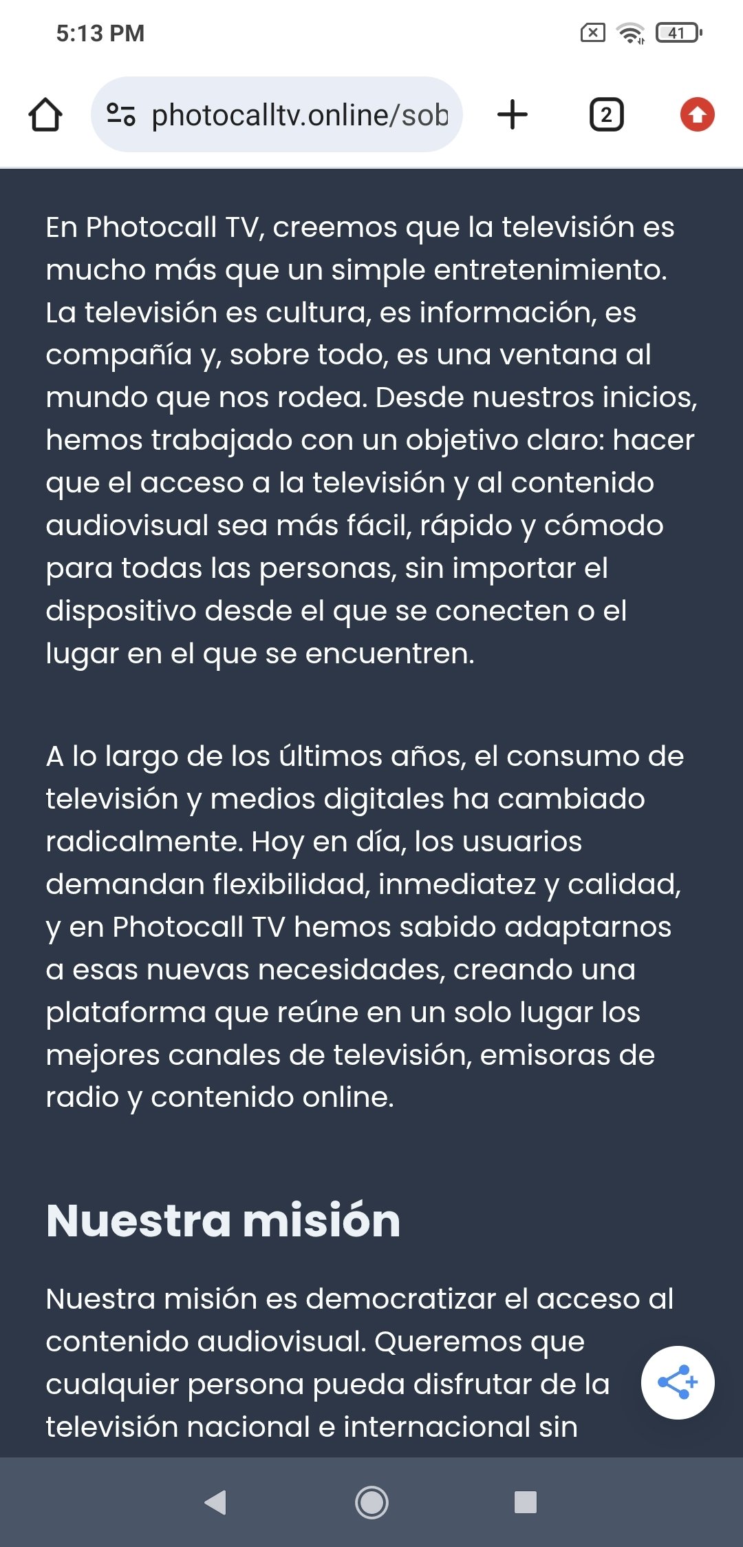 Sección de información de la app Photocall TV