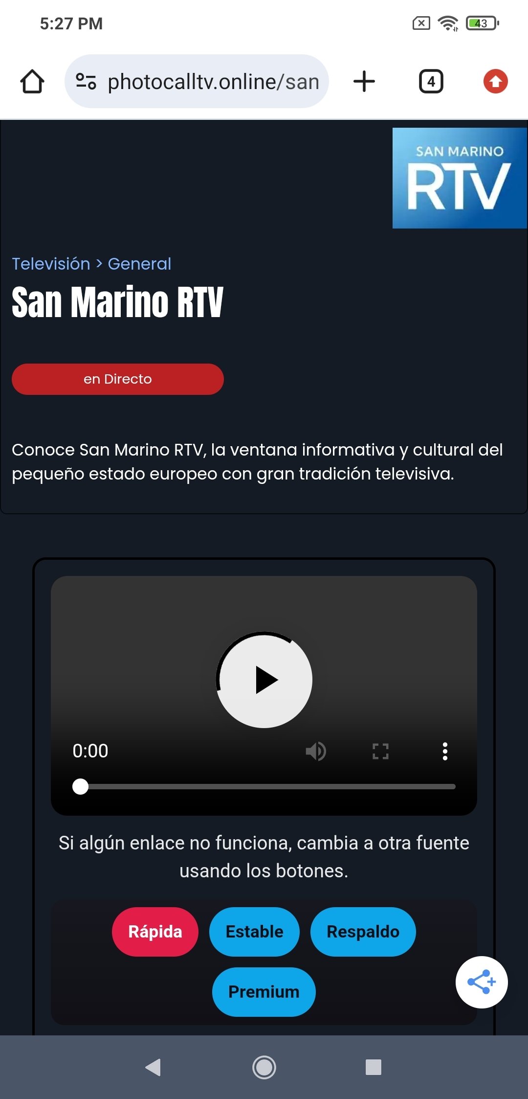 Web del canal de San Marino RTV en la app Photocall TV