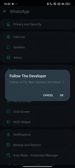 Menú para seguir al creador de WhatsApp Aero