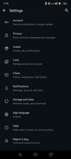 Menú de ajustes de WhatsApp