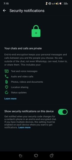 Opciones de notificaciones de seguridad de WhatsApp